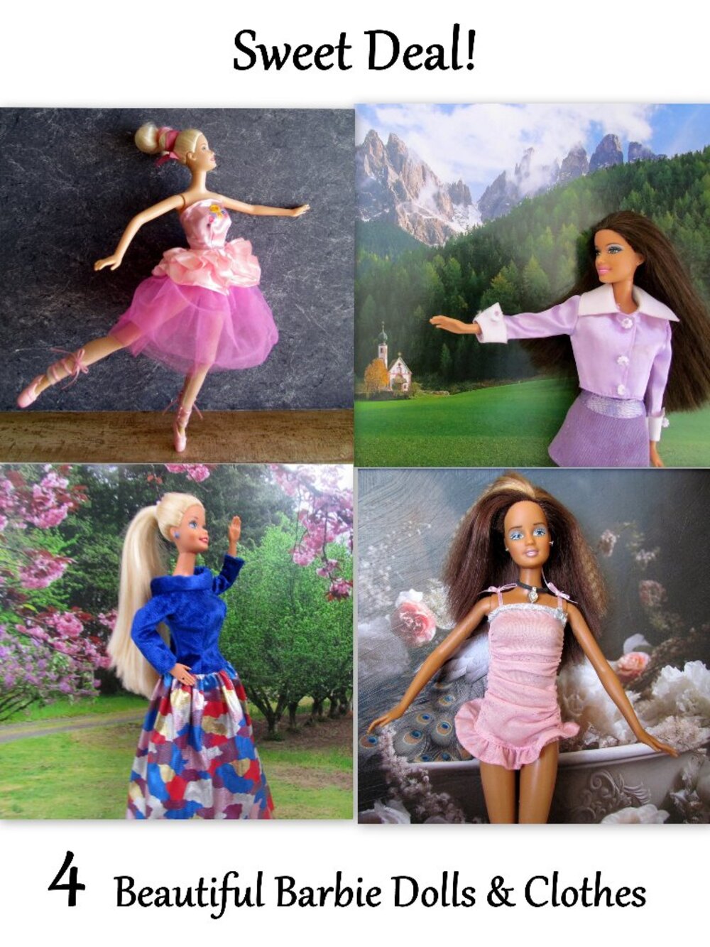 4 BARBIE DOLL LOT: SUPER LONG HAIR, ARTICULATED, BALLERINA, CLOTHES, SHOES